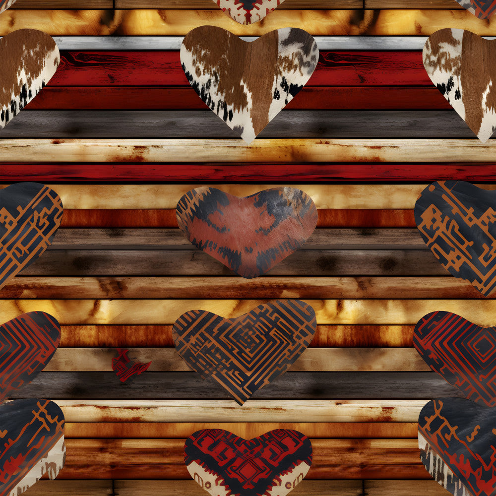 red, brown, cream, navy, orange, cowhide, cow print, geometric patterns, striped, tribal, southwestern, native american, hearts, rustic, farmhouse, western, lodge, cabin, plaid, patchwork, warm tones, earth tones, boho, bohemian, cozy, vintage, country style, decorative hearts, textured, multi-panel
