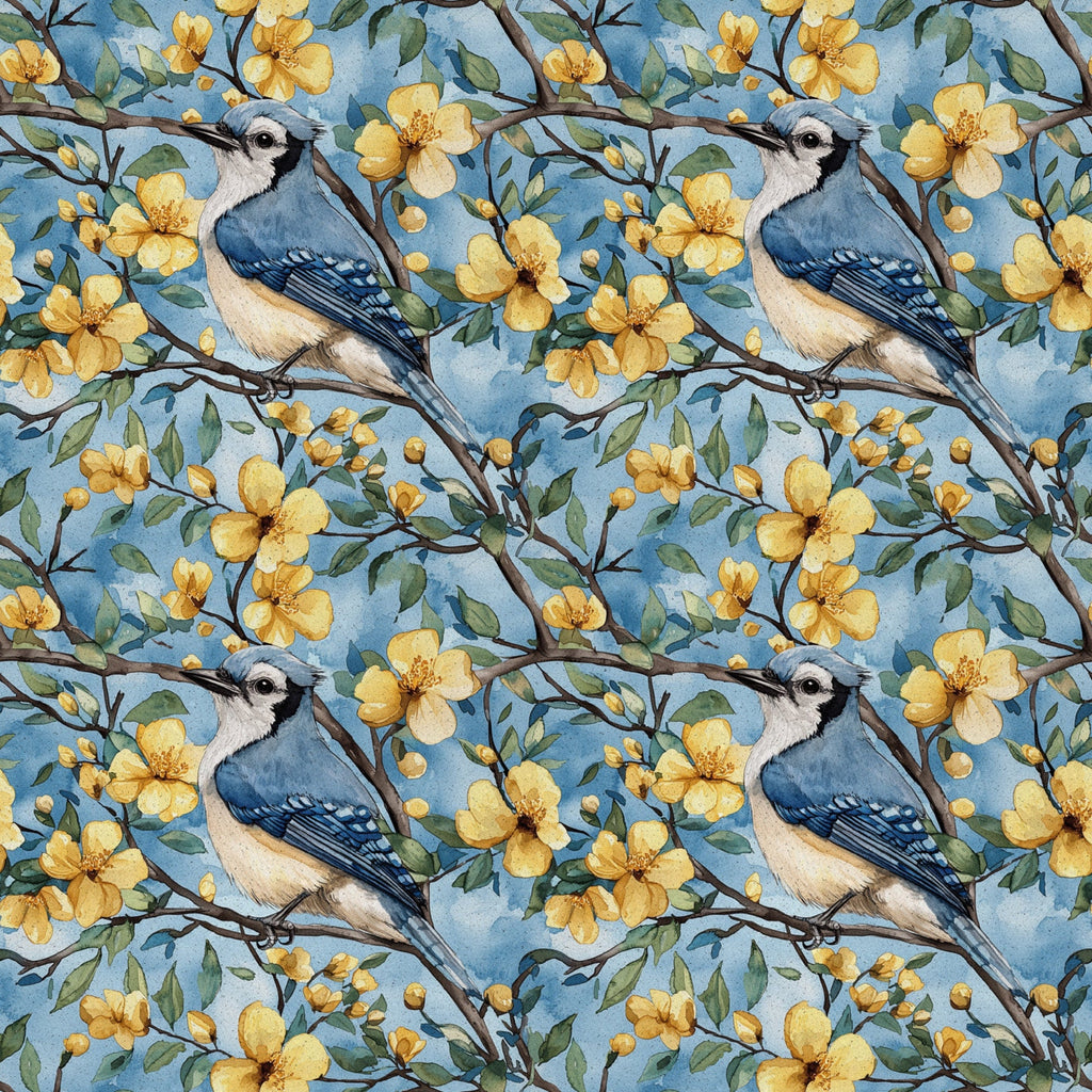 blue jay, floral pattern, yellow flowers, botanical design, bird motif, spring blossoms, nature theme,, fabric panel, watercolor style, blue background, green leaves, brown branches, repeating pattern, wildlife art, garden scene, crafting fabric, soft pastels, delicate artwork