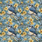 blue jay, floral pattern, yellow flowers, botanical design, bird motif, spring blossoms, nature theme,, fabric panel, watercolor style, blue background, green leaves, brown branches, repeating pattern, wildlife art, garden scene, crafting fabric, soft pastels, delicate artwork