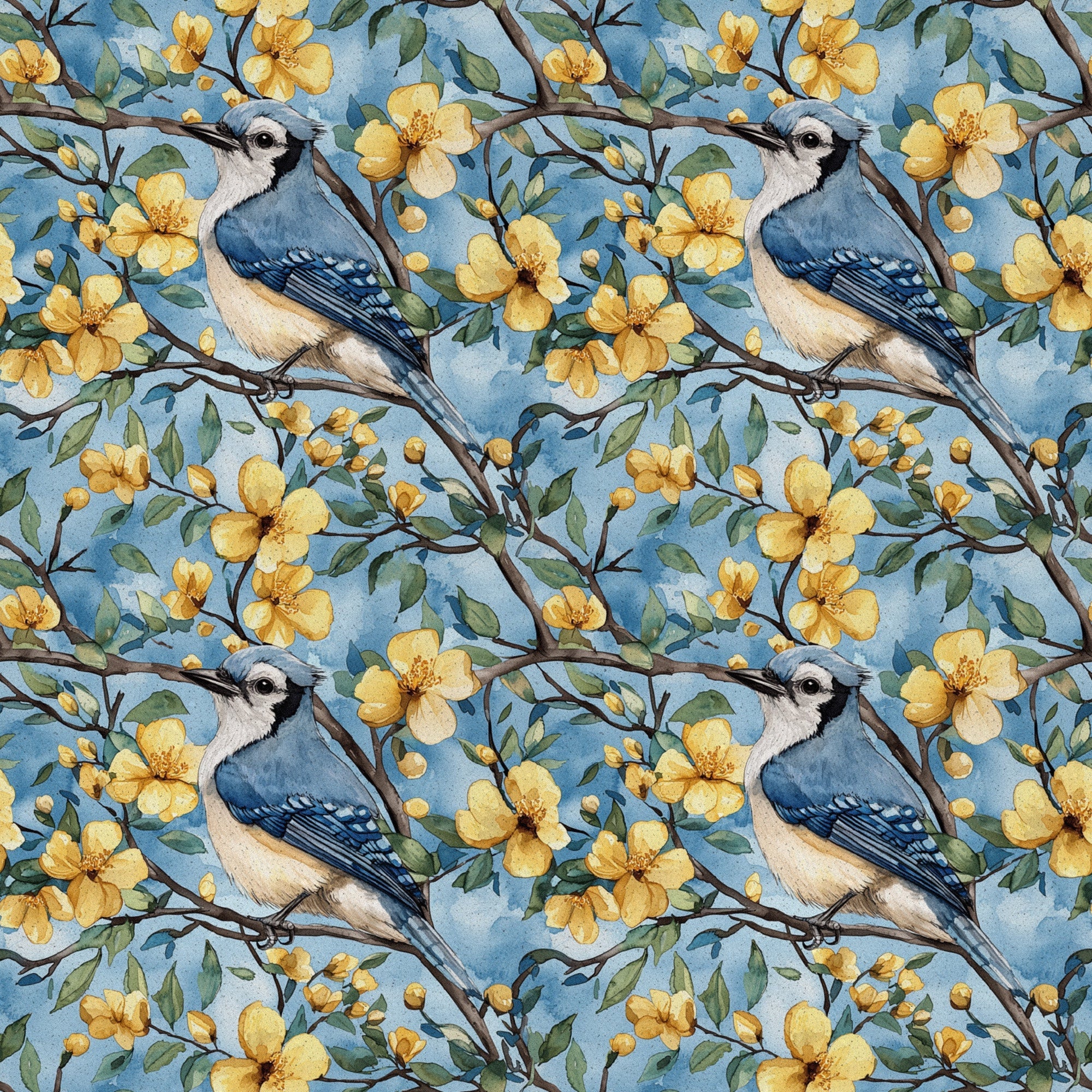 blue jay, floral pattern, yellow flowers, botanical design, bird motif, spring blossoms, nature theme,, fabric panel, watercolor style, blue background, green leaves, brown branches, repeating pattern, wildlife art, garden scene, crafting fabric, soft pastels, delicate artwork