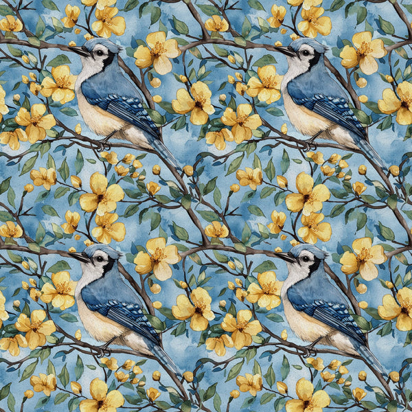 blue jay, floral pattern, yellow flowers, botanical design, bird motif, spring blossoms, nature theme,, fabric panel, watercolor style, blue background, green leaves, brown branches, repeating pattern, wildlife art, garden scene, crafting fabric, soft pastels, delicate artwork