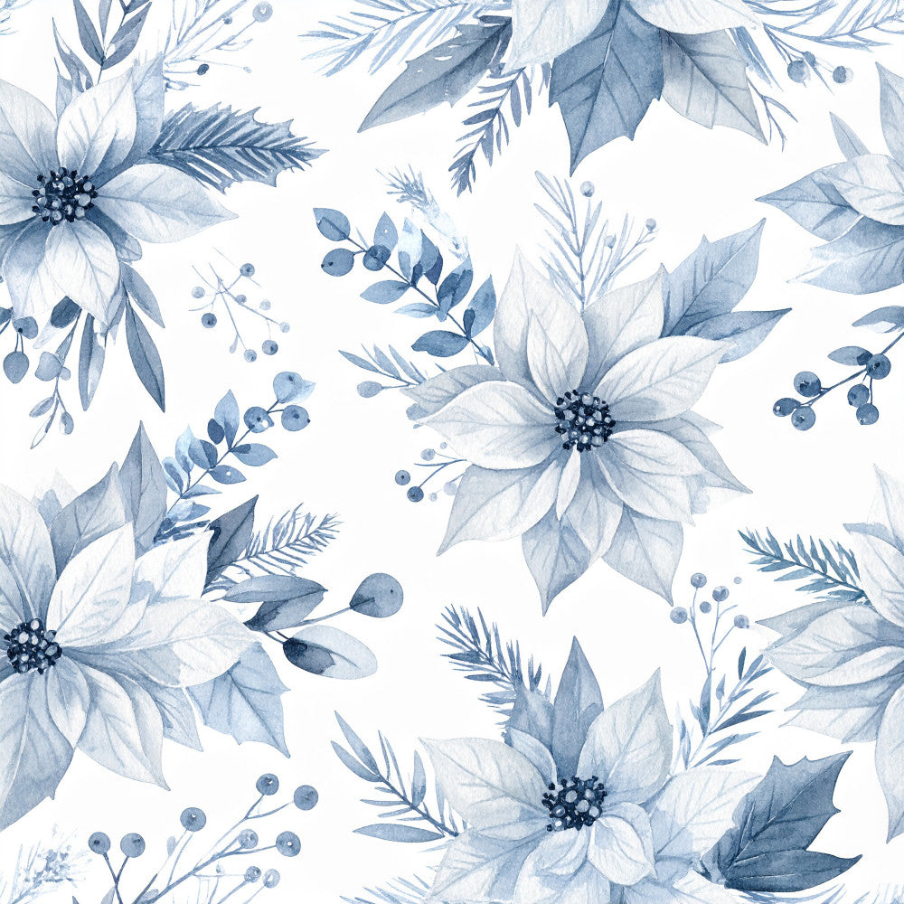 slate blue, dusty blue, navy blue, white, watercolor floral, botanical, flowers, leaves, berries, delicate, elegant, soft, nature-inspired, winter, christmas, holiday, poinsettia, foliage, feathery, painted, artistic, vintage, romantic, feminine, nursery, baby room, kids room, whimsical, traditional, timeless