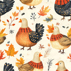 autumn birds, cream background, red plaid, orange leaves, fall theme, woodland animals, chickens, nature, whimsical style, rustic, farmhouse, burnt orange, golden yellow, charcoal black, tan and cream, maple leaves, oak leaves, seasonal, autumn harvest, cozy, country style, birds wearing plaid, fall foliage, harvest theme, kids room, playroom, toile-inspired, decorative birds