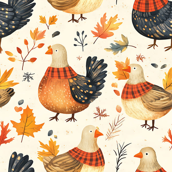 autumn birds, cream background, red plaid, orange leaves, fall theme, woodland animals, chickens, nature, whimsical style, rustic, farmhouse, burnt orange, golden yellow, charcoal black, tan and cream, maple leaves, oak leaves, seasonal, autumn harvest, cozy, country style, birds wearing plaid, fall foliage, harvest theme, kids room, playroom, toile-inspired, decorative birds