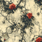 red roses, cream background, thorny vines, skulls, gothic pattern, vintage style, dark romance,, fabric panel, botanical design, macabre motif, antique aesthetic, brambles, bone imagery, dramatic contrast, spooky floral, weathered texture, halloween theme, alternative design, muted tones