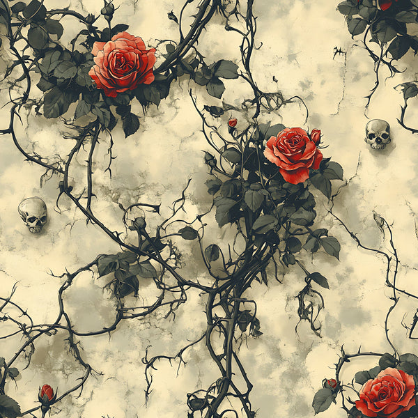 red roses, cream background, thorny vines, skulls, gothic pattern, vintage style, dark romance,, fabric panel, botanical design, macabre motif, antique aesthetic, brambles, bone imagery, dramatic contrast, spooky floral, weathered texture, halloween theme, alternative design, muted tones