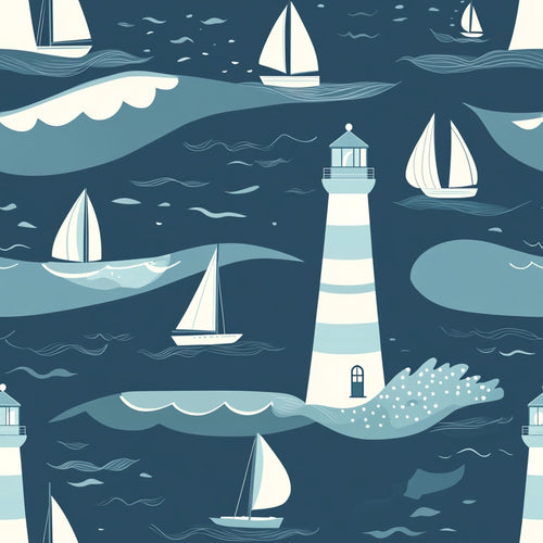 navy blue, teal, cream, white, lighthouse, sailboats, ocean waves, nautical theme, maritime scene, striped lighthouse, sailing vessels, sea foam, coastal design,, fabric panel, geometric waves, stylized illustration, marine motifs, water patterns, boat silhouettes