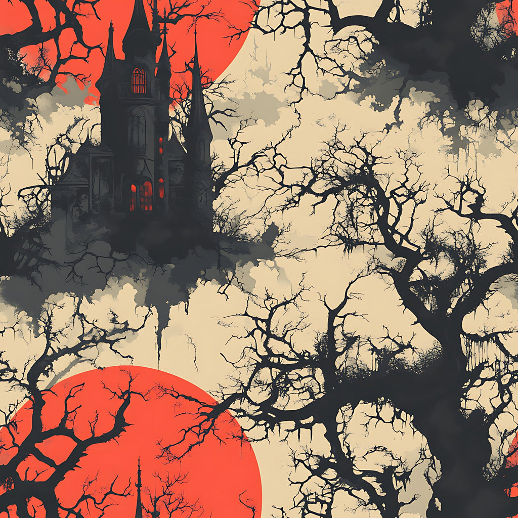 blood moon, crimson red, beige, black silhouettes, bare trees, gothic castle, spooky mansion, haunted house, red windows, gnarled branches, gothic architecture, halloween themed, horror aesthetic, dark atmosphere, eerie scene,, fabric panel, autumn colors, supernatural mood, creepy illustration