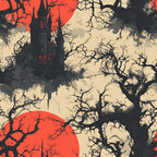 blood moon, crimson red, beige, black silhouettes, bare trees, gothic castle, spooky mansion, haunted house, red windows, gnarled branches, gothic architecture, halloween themed, horror aesthetic, dark atmosphere, eerie scene,, fabric panel, autumn colors, supernatural mood, creepy illustration