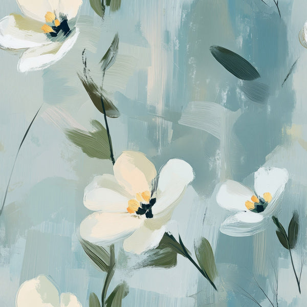 cornflower blue, soft blue, sage green, cream white, pale yellow, orange accents, floral pattern, painted flowers, botanical design, loose brushstrokes, watercolor style, abstract florals, delicate petals, garden blooms, artistic painting, serene mood,, fabric panel, spring theme, nature motifs