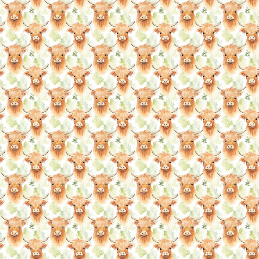highland cows, orange fur, cream background, green leaves, horns, cute animals, repeating pattern, watercolor style, farmhouse theme,, fabric panel, pastoral design, bovine motif, warm colors, rustic charm, country living, animal faces, shaggy fur, whimsical illustration