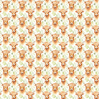 highland cows, orange fur, cream background, green leaves, horns, cute animals, repeating pattern, watercolor style, farmhouse theme,, fabric panel, pastoral design, bovine motif, warm colors, rustic charm, country living, animal faces, shaggy fur, whimsical illustration