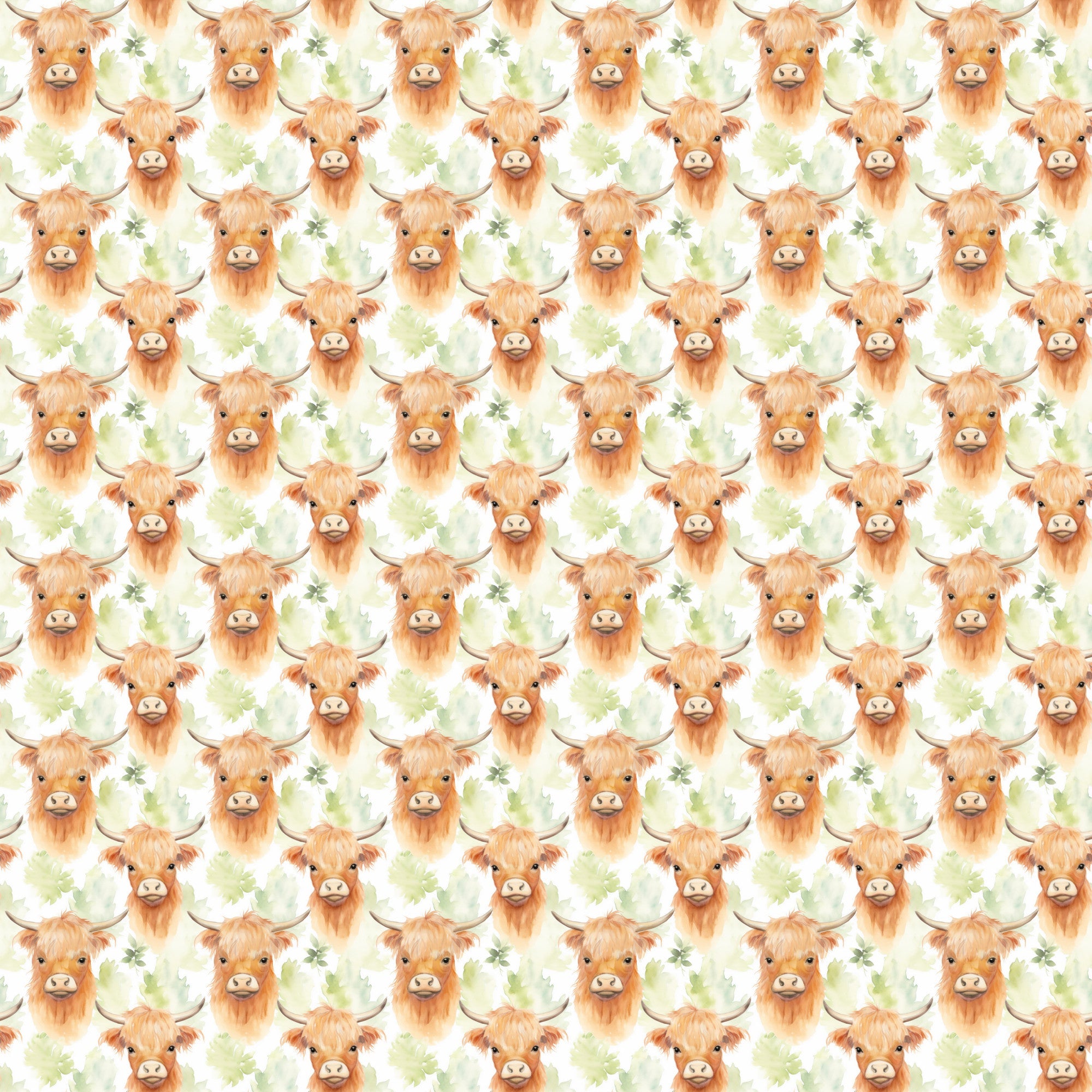 highland cows, orange fur, cream background, green leaves, horns, cute animals, repeating pattern, watercolor style, farmhouse theme,, fabric panel, pastoral design, bovine motif, warm colors, rustic charm, country living, animal faces, shaggy fur, whimsical illustration