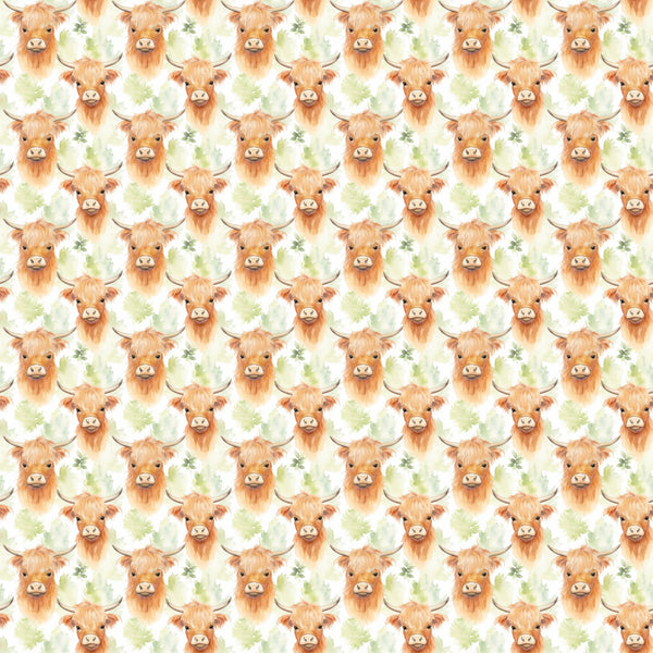 highland cows, orange fur, cream background, green leaves, horns, cute animals, repeating pattern, watercolor style, farmhouse theme,, fabric panel, pastoral design, bovine motif, warm colors, rustic charm, country living, animal faces, shaggy fur, whimsical illustration