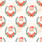 santa claus, christmas, holiday, red, cream, white, sage green, forest green, coral red, festive, whimsical, traditional, vintage, jolly, bearded santa, holly berries, evergreen wreaths, red bows, ribbon bows, seasonal, winter, christmas decorations, kids holiday, children's christmas, nursery, playroom, festive theme, nostalgic, classic christmas, watercolor style