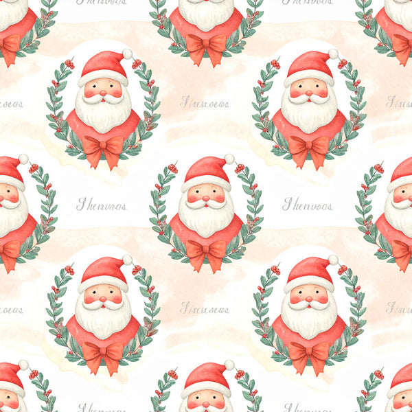 santa claus, christmas, holiday, red, cream, white, sage green, forest green, coral red, festive, whimsical, traditional, vintage, jolly, bearded santa, holly berries, evergreen wreaths, red bows, ribbon bows, seasonal, winter, christmas decorations, kids holiday, children's christmas, nursery, playroom, festive theme, nostalgic, classic christmas, watercolor style