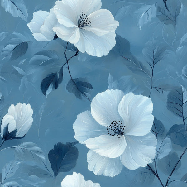 cornflower blue, white flowers, hibiscus blooms, floral pattern, tropical flowers, blue leaves, botanical design,, fabric panel, monochromatic blue, large scale florals, stamens visible, layered petals, nature motif, soft blues, ivory petals, flowing design, organic shapes, summer blooms, painterly style