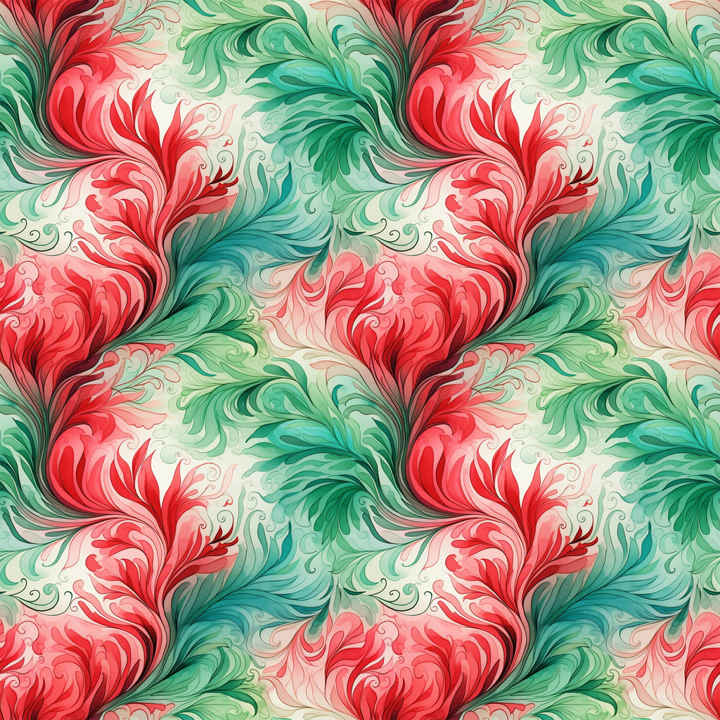 watercolor, christmas swirls, red, green, turquoise, coral pink, cream, flowing patterns, ornate flourishes, decorative scrollwork, holiday fabric,, seamless repeat, elegant swirls, festive colors, botanical motifs, vintage style, fabric panel, christmas crafting, holiday quilting