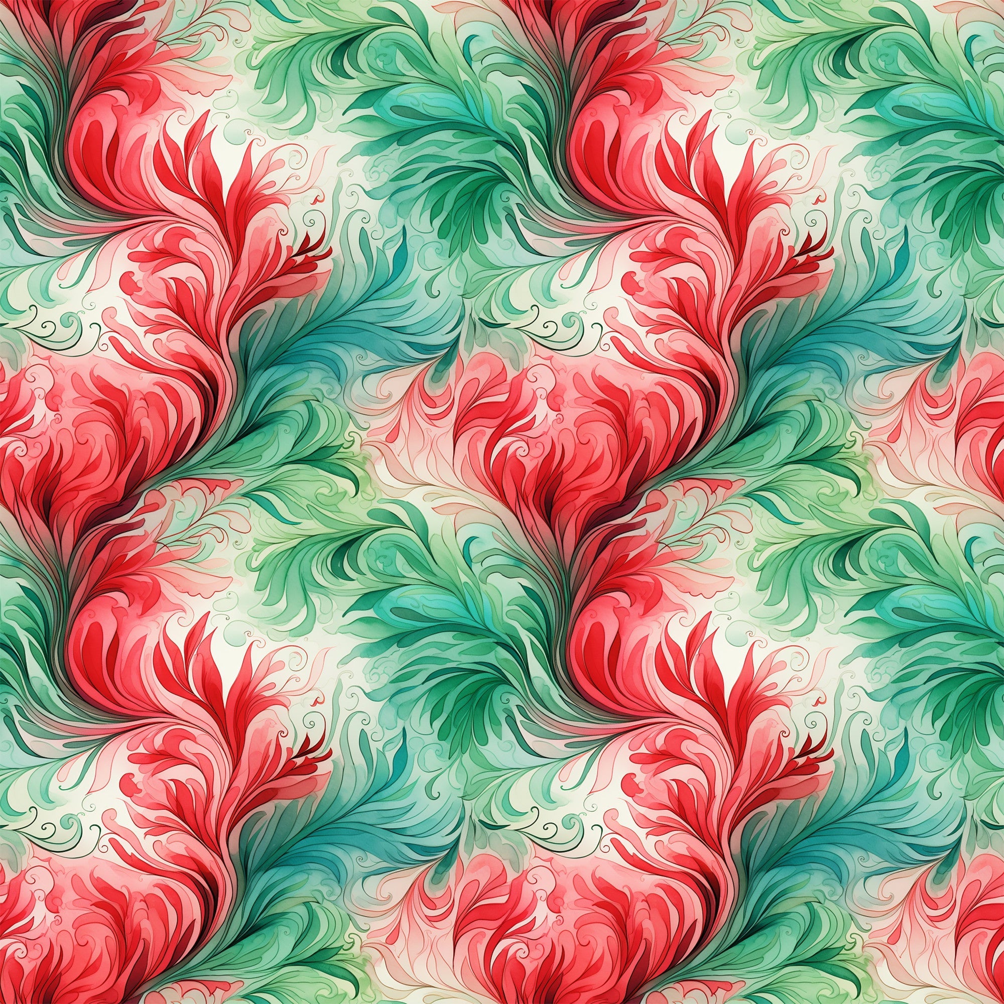 watercolor, christmas swirls, red, green, turquoise, coral pink, cream, flowing patterns, ornate flourishes, decorative scrollwork, holiday fabric,, seamless repeat, elegant swirls, festive colors, botanical motifs, vintage style, fabric panel, christmas crafting, holiday quilting