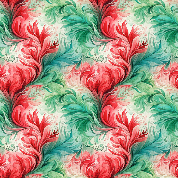 watercolor, christmas swirls, red, green, turquoise, coral pink, cream, flowing patterns, ornate flourishes, decorative scrollwork, holiday fabric,, seamless repeat, elegant swirls, festive colors, botanical motifs, vintage style, fabric panel, christmas crafting, holiday quilting