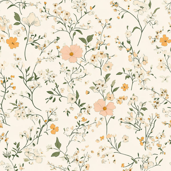 cream floral, delicate flowers, small flowers, wildflower, botanical, nature, spring, summer, soft yellow, golden yellow, warm peachy, dusty rose, blush pink, sage green, olive green, vintage floral, whimsical, romantic, feminine, cottage core, garden, meadow, natural, botanical illustration, branch, leaf, organic, calming, nursery, baby