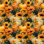 golden yellow, burnt orange, cream white, sage green, dark navy blue, sunflowers, pumpkins, berries, floral, autumn, fall, harvest, thanksgiving, nature, botanical, rustic, farmhouse, traditional, cottage core, seasonal, black berries, small flowers, dahlias, vintage, warm tones, cozy, harvest season, garden themed