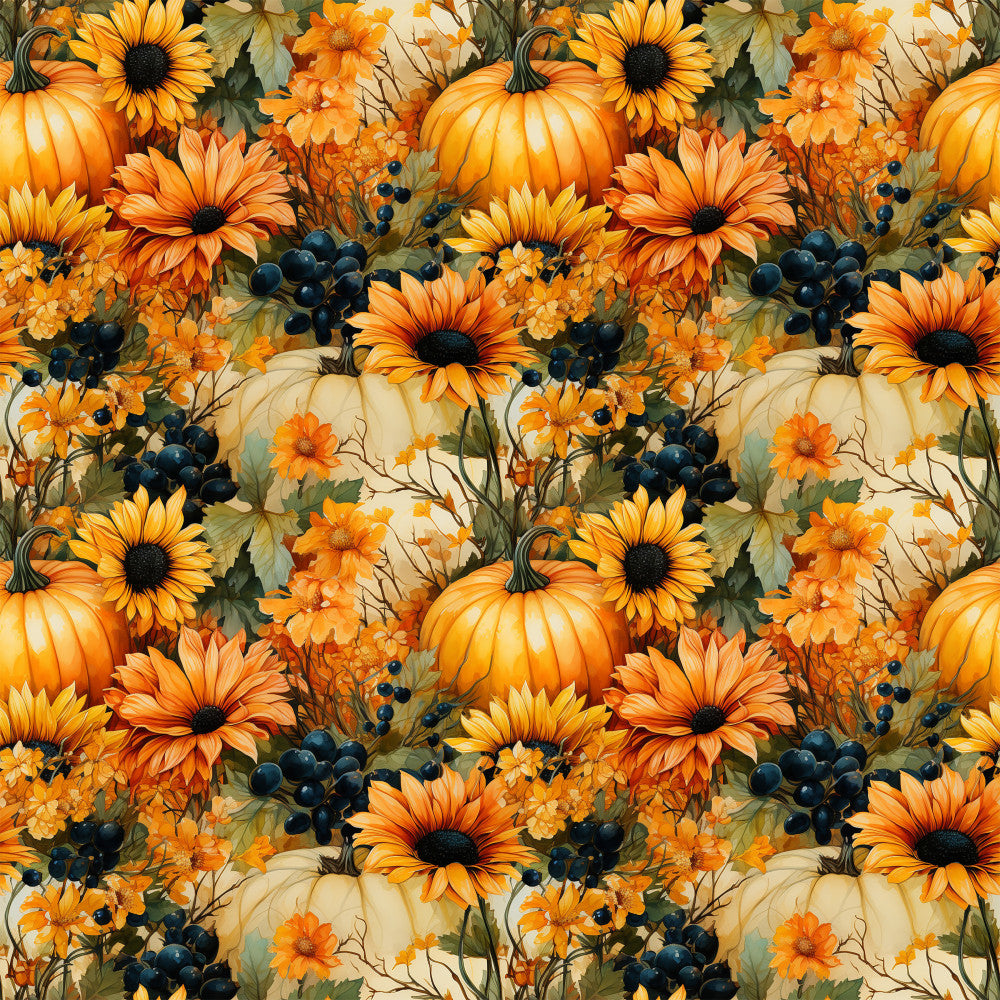 golden yellow, burnt orange, cream white, sage green, dark navy blue, sunflowers, pumpkins, berries, floral, autumn, fall, harvest, thanksgiving, nature, botanical, rustic, farmhouse, traditional, cottage core, seasonal, black berries, small flowers, dahlias, vintage, warm tones, cozy, harvest season, garden themed