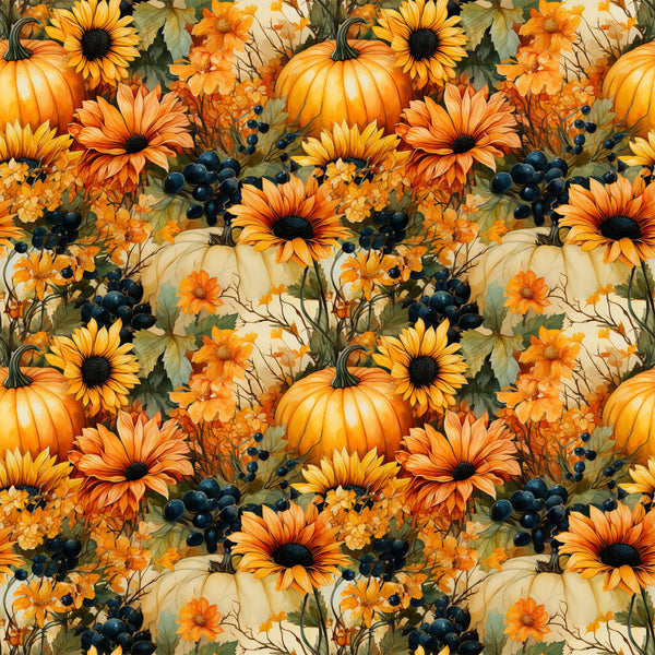 golden yellow, burnt orange, cream white, sage green, dark navy blue, sunflowers, pumpkins, berries, floral, autumn, fall, harvest, thanksgiving, nature, botanical, rustic, farmhouse, traditional, cottage core, seasonal, black berries, small flowers, dahlias, vintage, warm tones, cozy, harvest season, garden themed