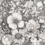 grayscale, black and white, monochrome, ivory, cream, charcoal gray, floral, botanical, nature, elegant, romantic, vintage, traditional, classic, detailed line work, flowers, petunias, dahlias, roses, lilacs, botanical illustration, garden, naturalistic, sophisticated, timeless, heirloom, engraved style, etching style, spring, summer
