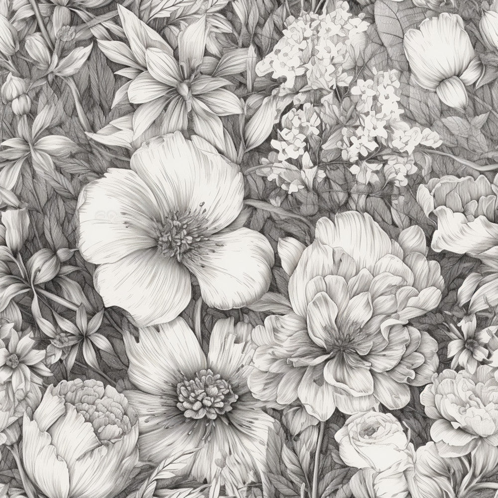 grayscale, black and white, monochrome, ivory, cream, charcoal gray, floral, botanical, nature, elegant, romantic, vintage, traditional, classic, detailed line work, flowers, petunias, dahlias, roses, lilacs, botanical illustration, garden, naturalistic, sophisticated, timeless, heirloom, engraved style, etching style, spring, summer