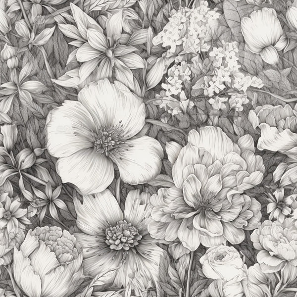 grayscale, black and white, monochrome, ivory, cream, charcoal gray, floral, botanical, nature, elegant, romantic, vintage, traditional, classic, detailed line work, flowers, petunias, dahlias, roses, lilacs, botanical illustration, garden, naturalistic, sophisticated, timeless, heirloom, engraved style, etching style, spring, summer