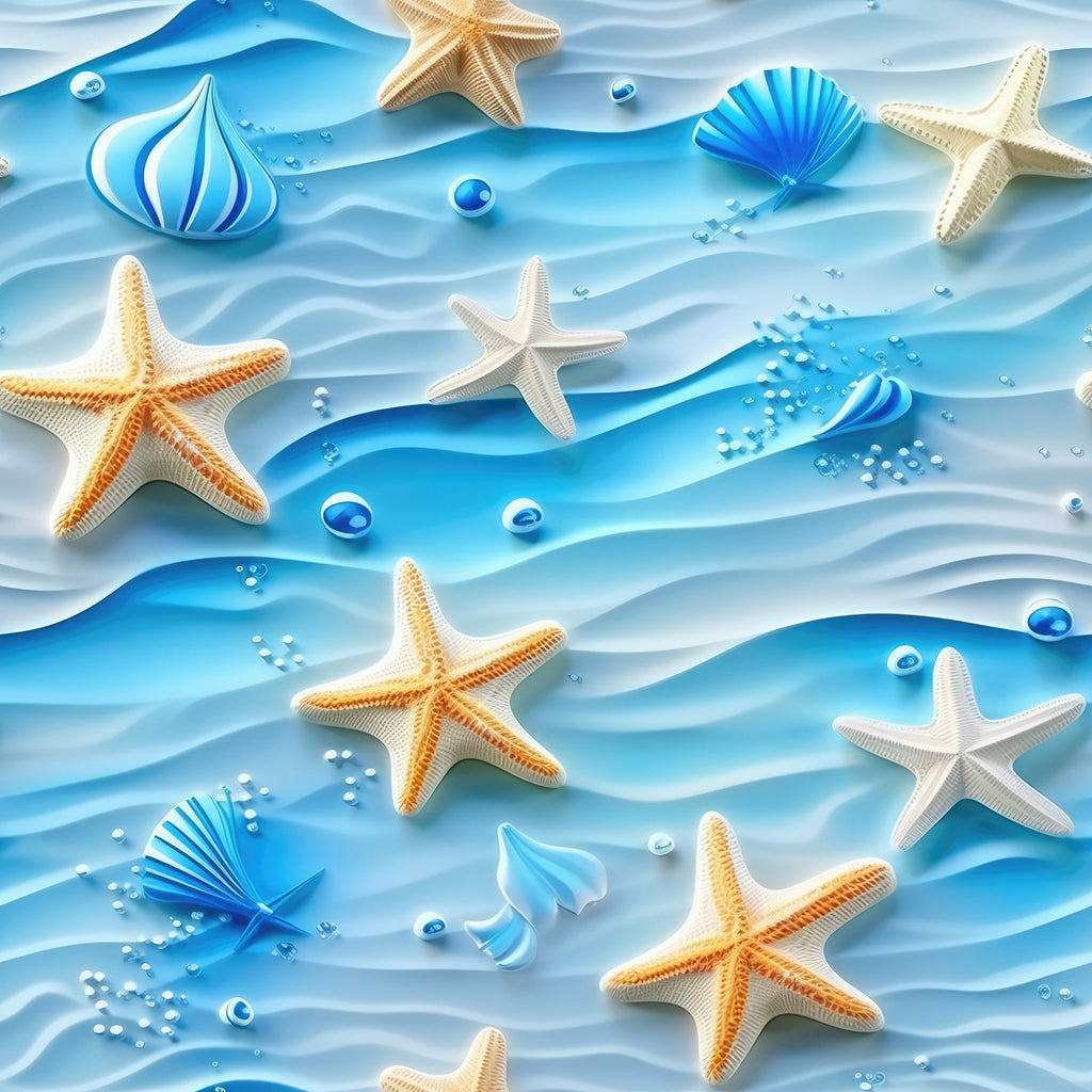 ocean waves, starfish, seashells, aqua blue, turquoise, cream white, golden orange, water droplets, marine life, beach theme, coastal design, summer fabric,, fabric panel, sea creatures, wave pattern, nautical motif, underwater scene, flowing water, beach elements