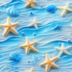 ocean waves, starfish, seashells, aqua blue, turquoise, cream white, golden orange, water droplets, marine life, beach theme, coastal design, summer fabric,, fabric panel, sea creatures, wave pattern, nautical motif, underwater scene, flowing water, beach elements