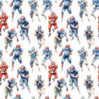 watercolor, football players, sports pattern, blue uniforms, red uniforms, athletic figures, repeating design,, fabric panel, americana colors, team sports, player silhouettes, game day theme, sporty motif, cotton fabric, craft material, sewing supplies, jersey numbers, football helmets, active poses