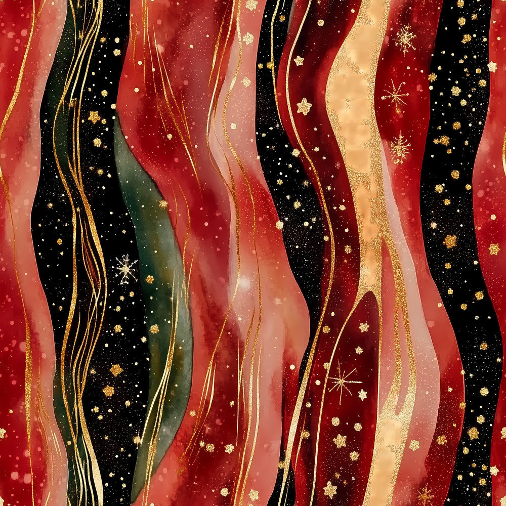 crimson red, deep red, black, gold, cream, champagne, forest green, metallic gold accents, wavy stripes, abstract waves, snowflakes, stars, sparkles, glitter effect, holiday, christmas, winter, elegant, luxurious, festive, formal, sophisticated, celestial, shimmering, metallic details, gold embellishments, flowing lines, modern elegant, holiday decor, special occasion
