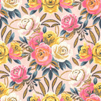 blush pink, coral pink, hot pink, magenta, golden yellow, cream white, navy blue, teal, floral, roses, botanical, nature, elegant, romantic, whimsical, vintage, gold glitter, metallic accents, spring, garden, luxe, feminine, delicate, ornate, decorative leaves, layered petals, nursery, girls room, baby shower, wedding theme