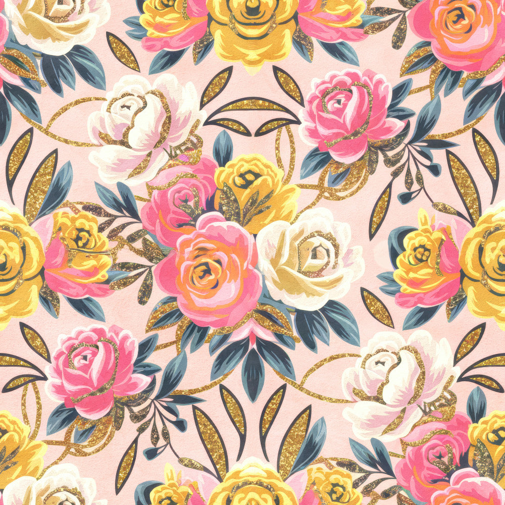 blush pink, coral pink, hot pink, magenta, golden yellow, cream white, navy blue, teal, floral, roses, botanical, nature, elegant, romantic, whimsical, vintage, gold glitter, metallic accents, spring, garden, luxe, feminine, delicate, ornate, decorative leaves, layered petals, nursery, girls room, baby shower, wedding theme
