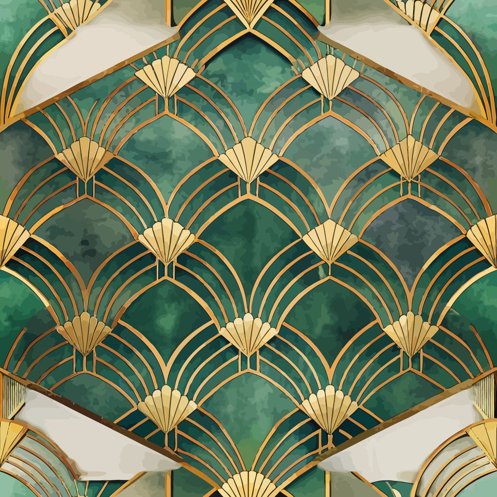 emerald green, gold, cream, art deco, fan pattern, geometric design, scalloped motifs, radiating lines, luxury style, vintage inspired,, fabric panel, repeating pattern, architectural elements, ornate details, sophisticated, glamorous, 1920s style, decorative motifs