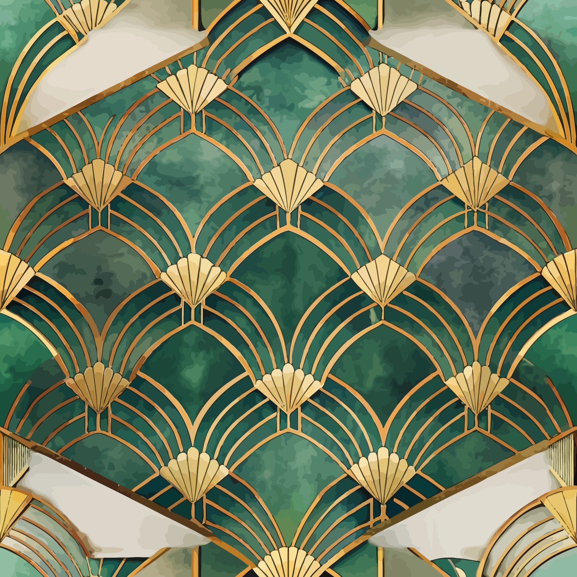 emerald green, gold, cream, art deco, fan pattern, geometric design, scalloped motifs, radiating lines, luxury style, vintage inspired,, fabric panel, repeating pattern, architectural elements, ornate details, sophisticated, glamorous, 1920s style, decorative motifs