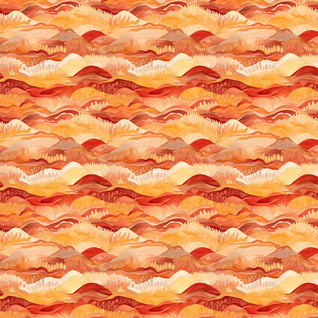 desert sunrise, mountain landscape, layered hills, warm orange, deep red, golden yellow, coral pink, flowing waves, geometric pattern,, fabric panel, sunset colors, southwestern style, nature inspired, rolling terrain, warm tones, artistic mountains, desert theme, landscape design, repeating pattern