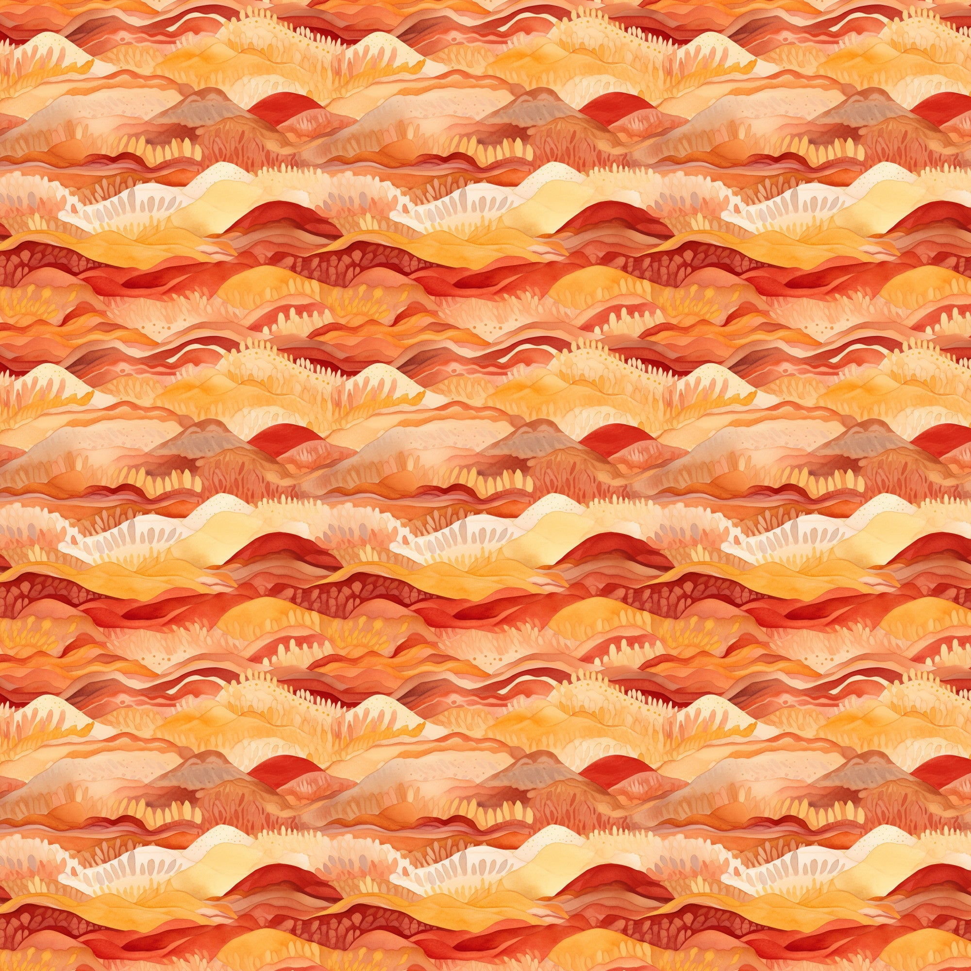 desert sunrise, mountain landscape, layered hills, warm orange, deep red, golden yellow, coral pink, flowing waves, geometric pattern,, fabric panel, sunset colors, southwestern style, nature inspired, rolling terrain, warm tones, artistic mountains, desert theme, landscape design, repeating pattern