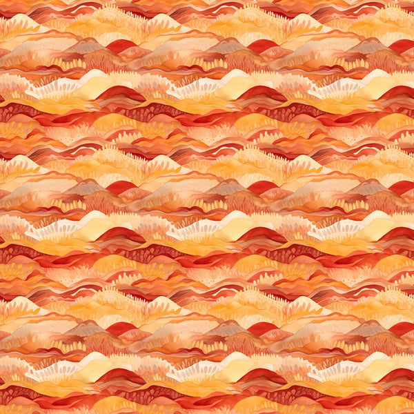 desert sunrise, mountain landscape, layered hills, warm orange, deep red, golden yellow, coral pink, flowing waves, geometric pattern,, fabric panel, sunset colors, southwestern style, nature inspired, rolling terrain, warm tones, artistic mountains, desert theme, landscape design, repeating pattern
