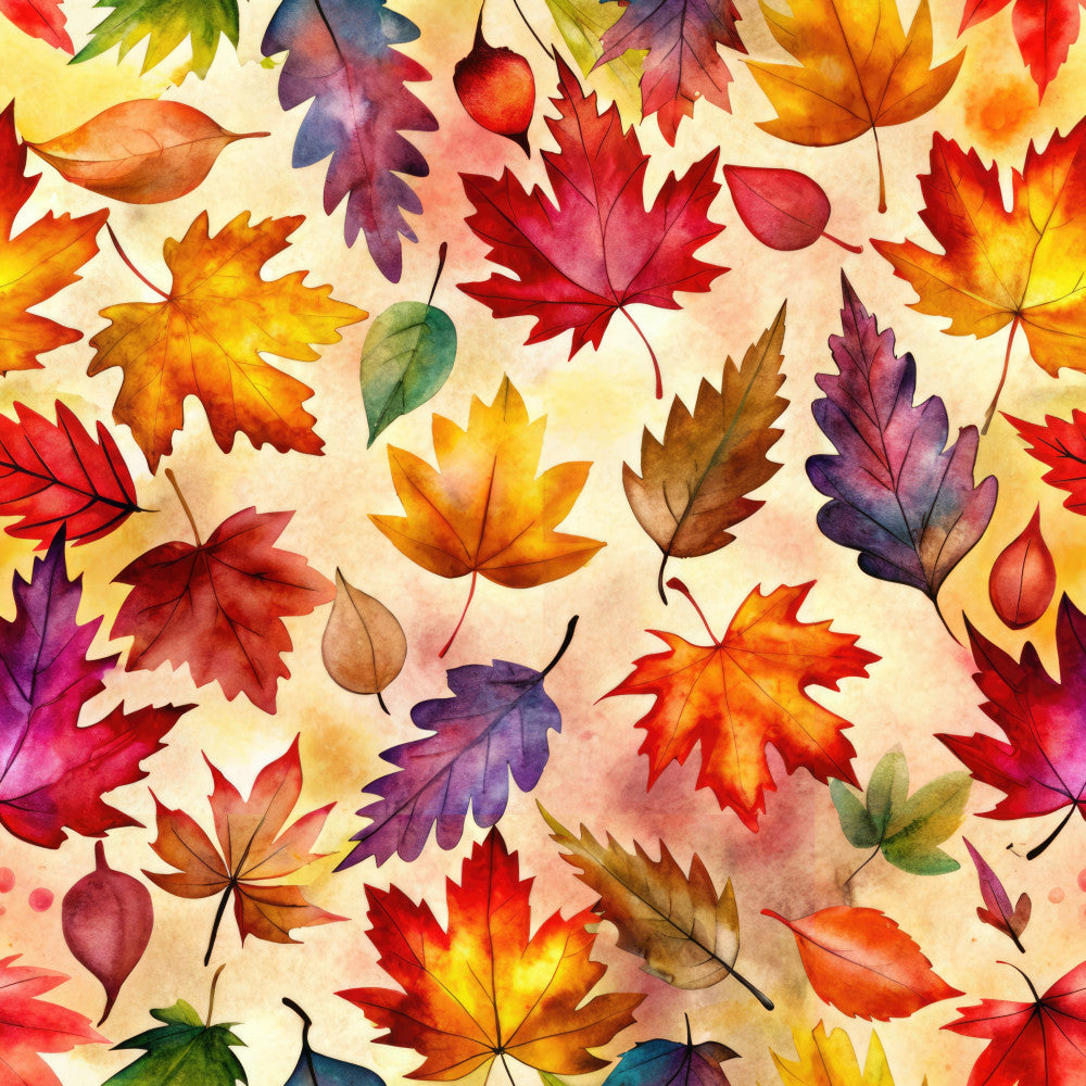 autumn leaves, fall foliage, watercolor leaves, red leaves, orange leaves, yellow leaves, purple leaves, burgundy, burnt orange, golden yellow, deep red, forest green, cream background, nature themed, seasonal, autumn themed, leaf pattern, maple leaves, oak leaves, botanical, whimsical, artistic, hand painted style, fall colors, harvest season, autumn palette, nature lover, cozy fall, transitional style