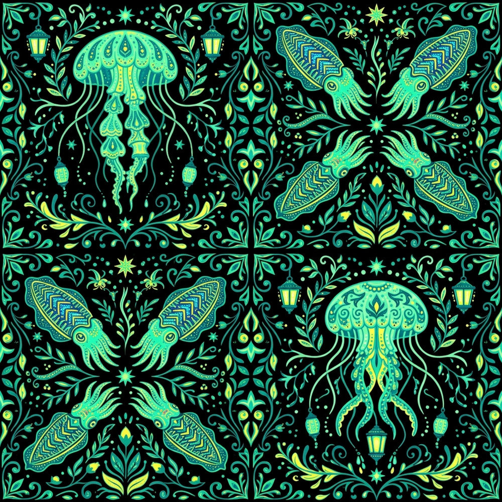 neon green, lime green, teal, cyan, yellow-green, chartreuse, black background, jellyfish, squid, sea creatures, ocean animals, marine life, celestial, stars, lanterns, ornate, damask, baroque, whimsical, magical, fantasy, bioluminescent, deep sea, underwater, decorative, elegant, intricate, night sky, glowing, luminous