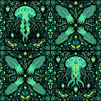 neon green, lime green, teal, cyan, yellow-green, chartreuse, black background, jellyfish, squid, sea creatures, ocean animals, marine life, celestial, stars, lanterns, ornate, damask, baroque, whimsical, magical, fantasy, bioluminescent, deep sea, underwater, decorative, elegant, intricate, night sky, glowing, luminous