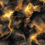 thunderbolt pattern, lightning bolts, storm clouds, golden yellow, amber orange, charcoal black, dramatic sky, electrical storm, weather pattern,, fabric panel, swirling clouds, jagged lightning, stormy atmosphere, electric energy, turbulent sky, nature forces, meteorological design, tempest scene