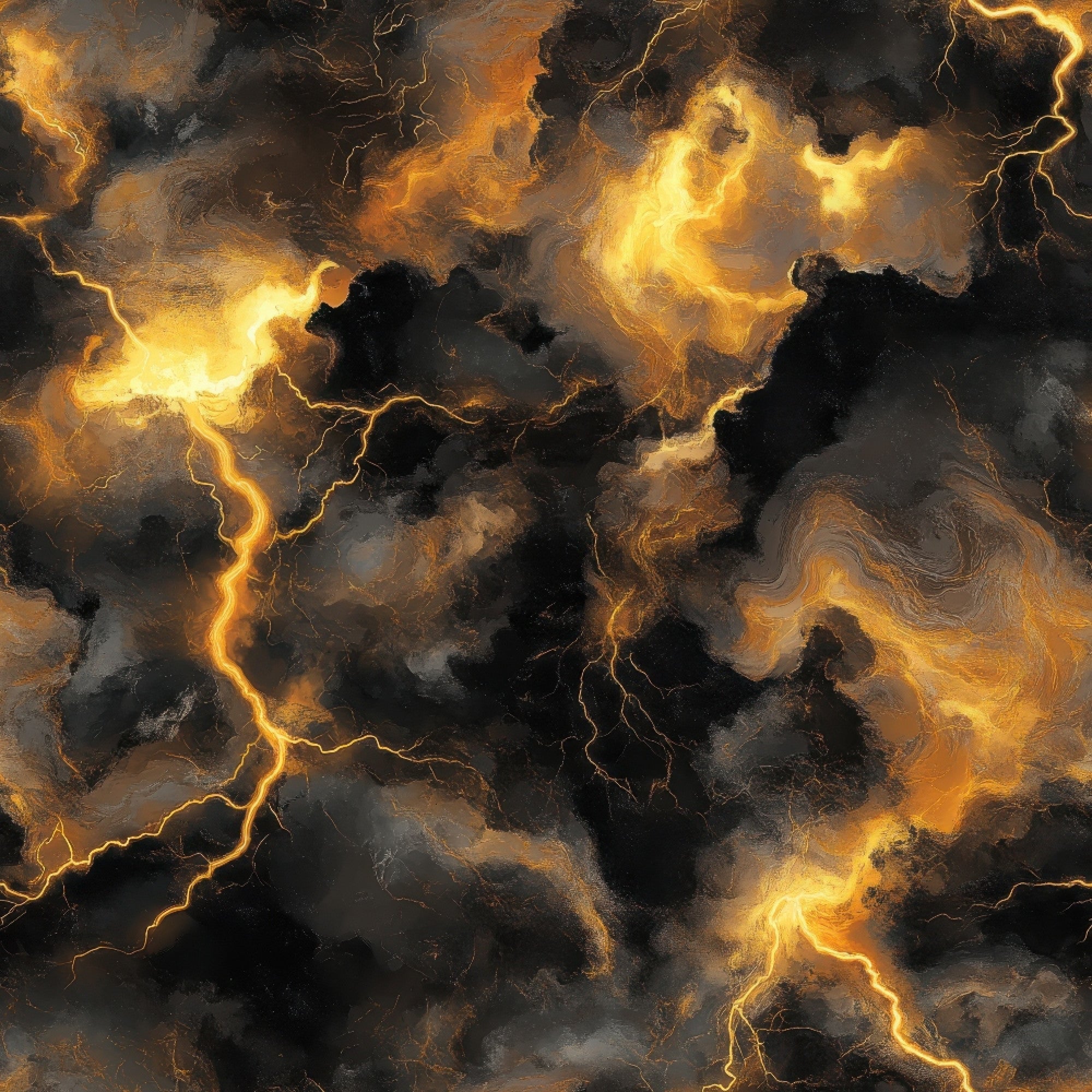 thunderbolt pattern, lightning bolts, storm clouds, golden yellow, amber orange, charcoal black, dramatic sky, electrical storm, weather pattern,, fabric panel, swirling clouds, jagged lightning, stormy atmosphere, electric energy, turbulent sky, nature forces, meteorological design, tempest scene