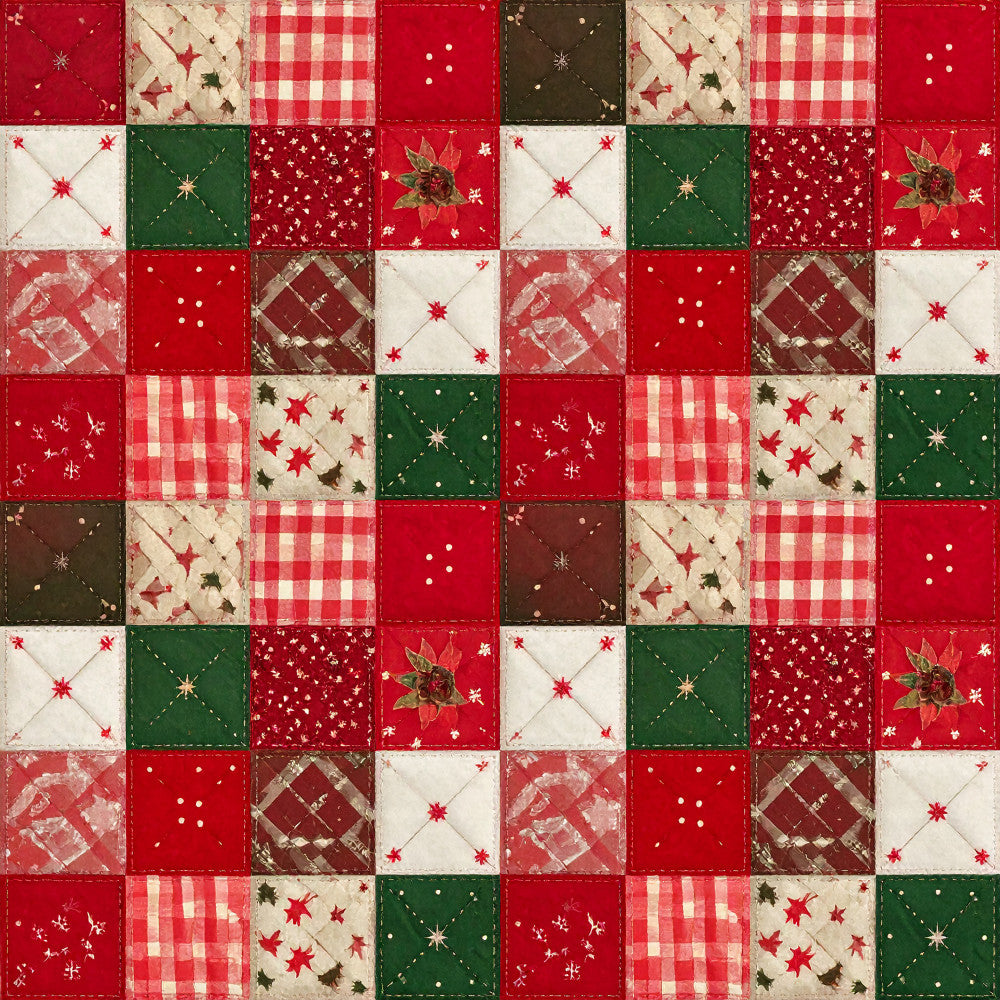 christmas, holiday, red, cream, white, green, forest green, dark brown, patchwork, quilt, geometric, plaid, gingham, stars, snowflakes, poinsettia, festive, traditional, vintage, rustic, farmhouse, winter, seasonal, decorative, stitched, checkered, celestial, classic christmas, red and white, christmas fabric