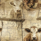 beige, sepia, brown, tan, cream, cows, cattle, farm animals, vintage script, handwriting, rope details, pastoral scenes, rustic style, aged appearance,, fabric panel, country theme, livestock, bovine faces, antique letters