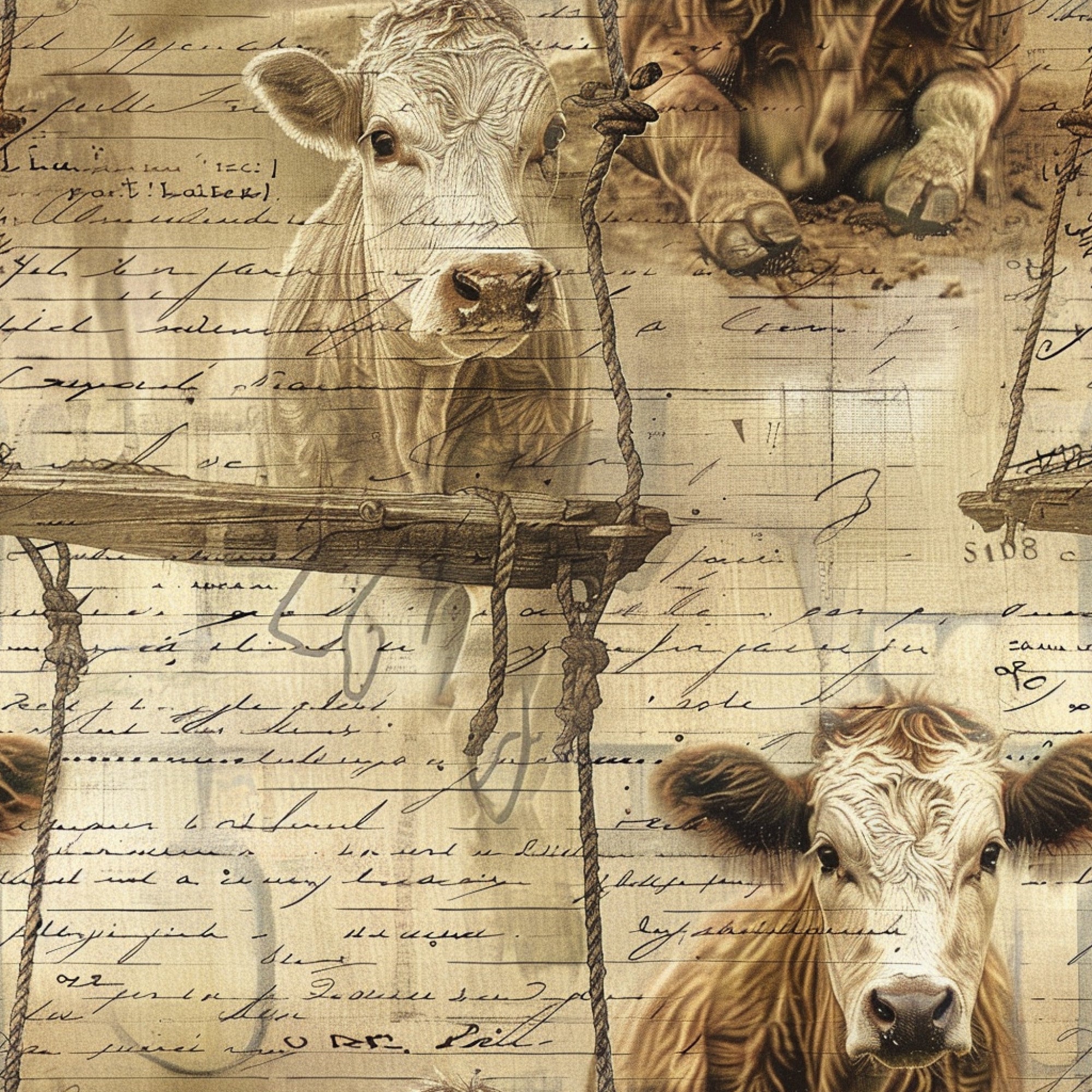 beige, sepia, brown, tan, cream, cows, cattle, farm animals, vintage script, handwriting, rope details, pastoral scenes, rustic style, aged appearance,, fabric panel, country theme, livestock, bovine faces, antique letters